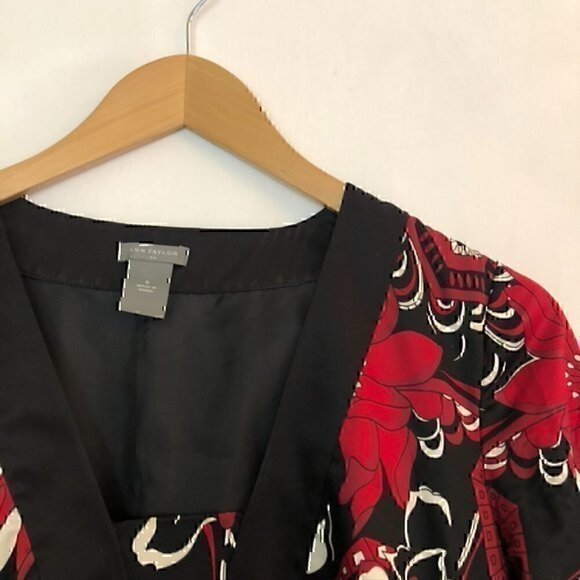 ANN TAYLOR Black Red White Multi Floral 3/4 Sleeve Knee Length Work Shift Dress - Picture 5 of 13